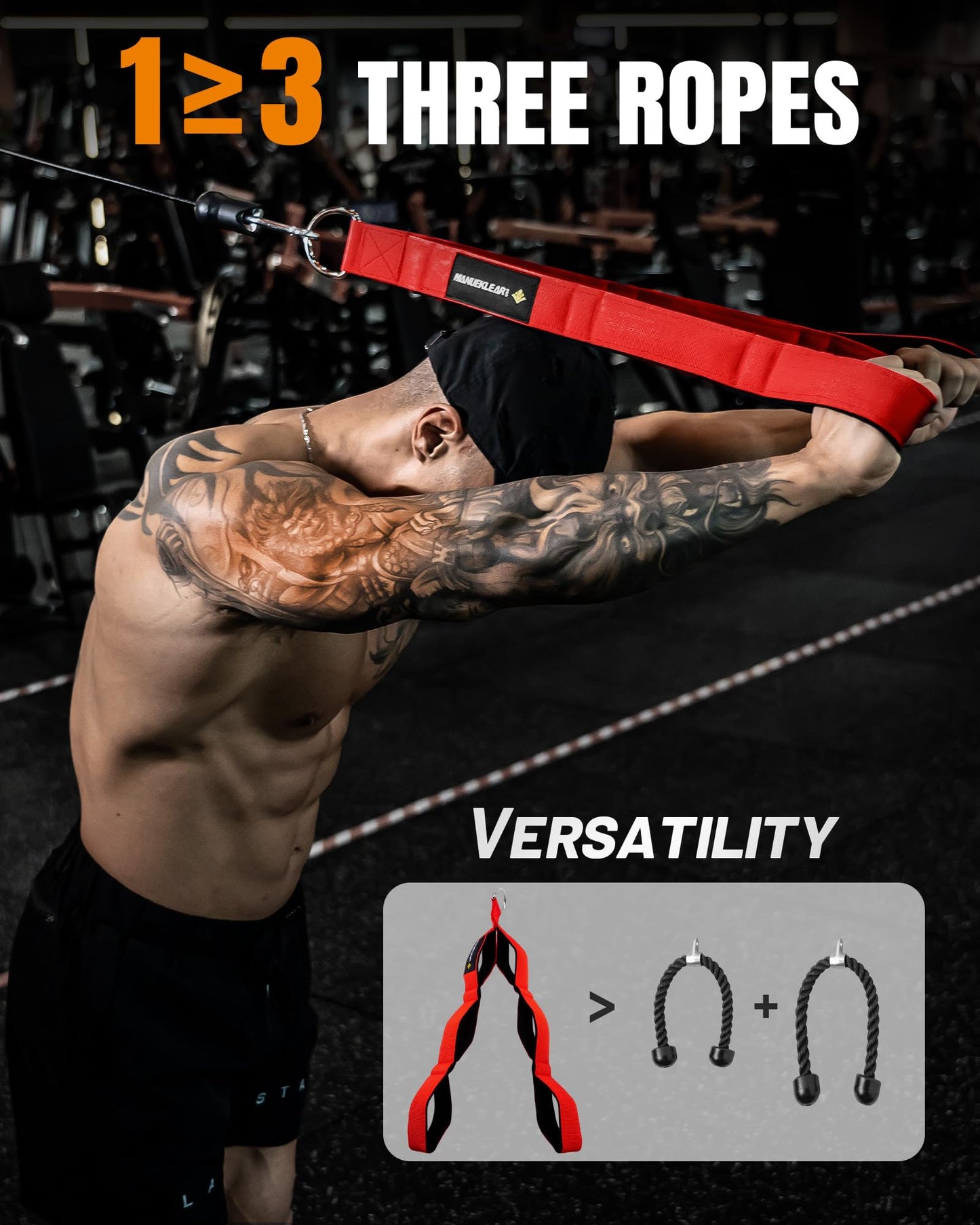 MANUEKLEAR Tricep Rope Cable Attachment Handles, Greater Range of Motion, Tricep Pull Down Rope for Push Downs, Crunches, Facepulls for Professional Gym (Red)